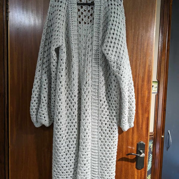 Oversized, Extra Long Sparkly Light Grey Crochet Cardigan