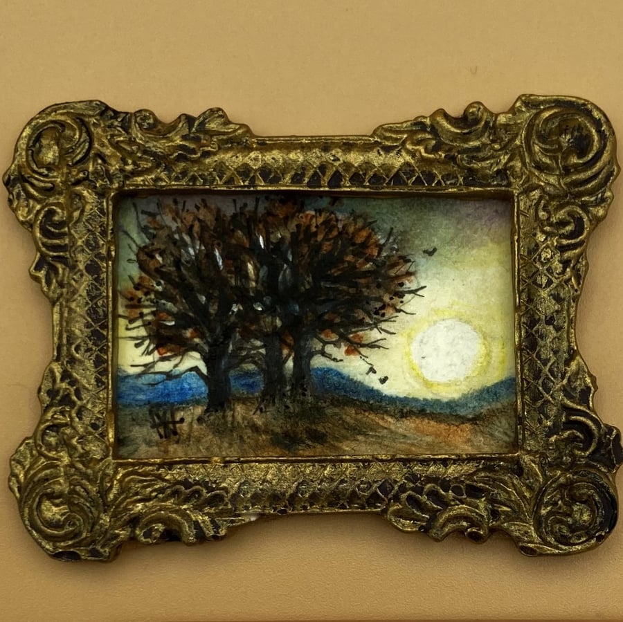 Tiny Miniature Painting, Evening sunset, landscape with trees, UK made & sold.