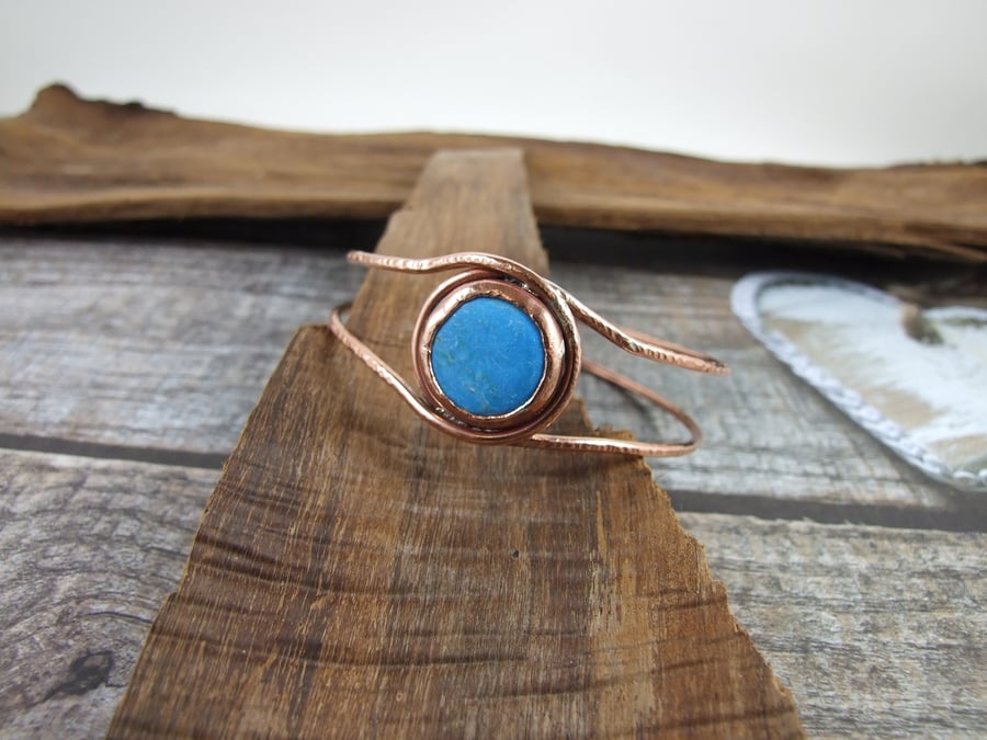 Copper Double Wrap Bangle with Bright Azure Blue Howlite 