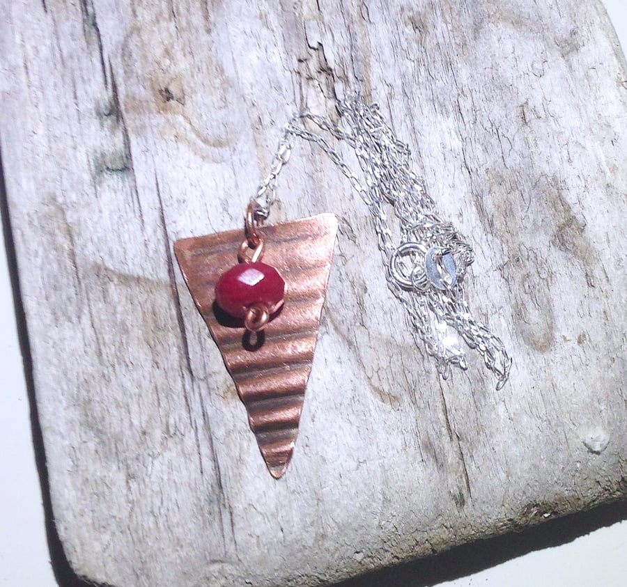 Triangular Corrugated Copper and Red Topaz Gemstone Pendant  - UK Free Post