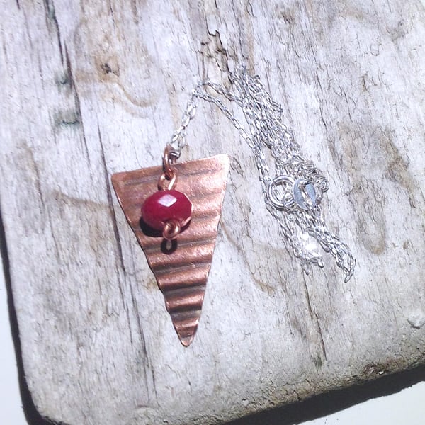 Triangular Corrugated Copper and Red Topaz Gemstone Pendant  - UK Free Post