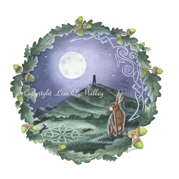 Original Watercolor Painting "Oak Moon" Hare Glastonbury Tor Celtic