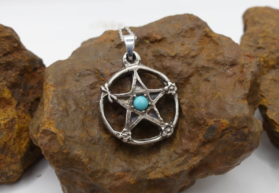 Sterling Silver Pentacle Pendant with Dragonfly, Flower & Turquoise Necklace.