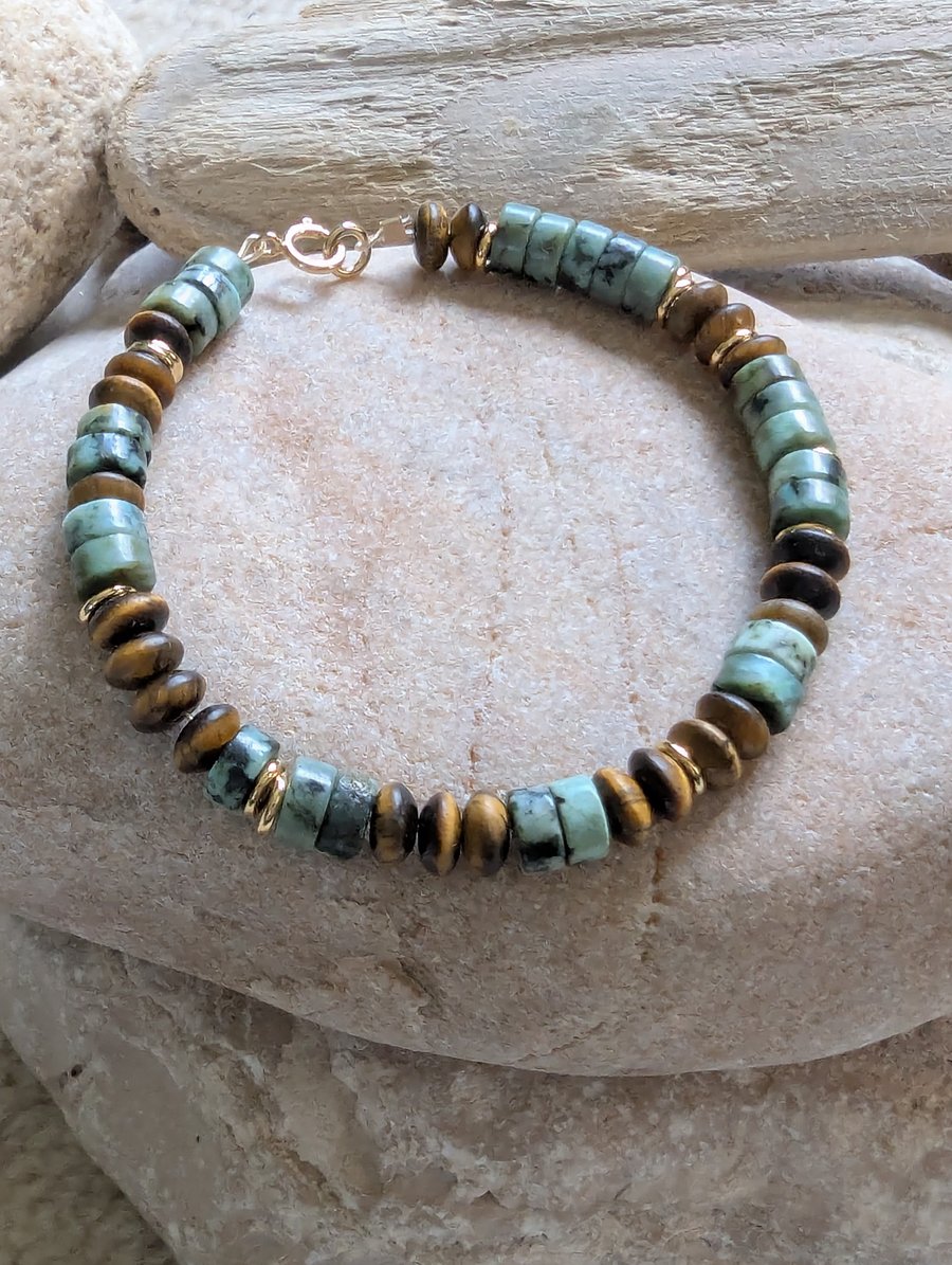 Turquoise, Gold and Tiger Eye Beaded Bracelet