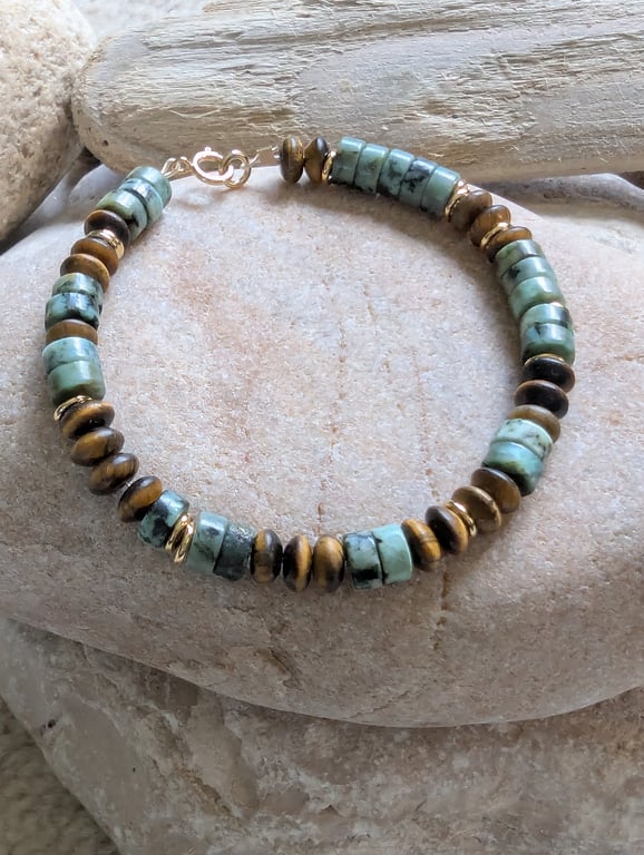 Turquoise, Gold and Tiger Eye Beaded Bracelet
