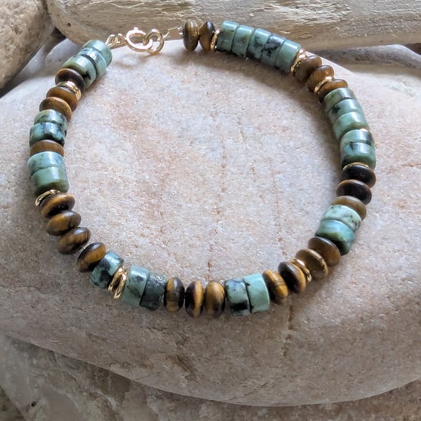 Turquoise, Gold and Tiger Eye Beaded Bracelet