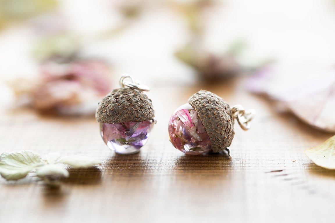 Flower Acorn Earrings Real Flower Earrings Acorn Earrings Fairy Earrings Wildflo