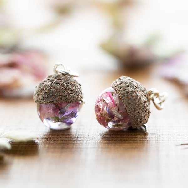 Flower Acorn Earrings Real Flower Earrings Acorn Earrings Fairy Earrings Wildflo