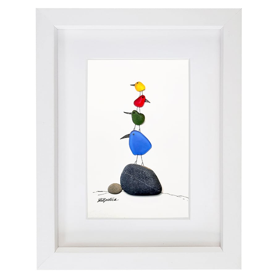 Bird Stack - Sea Glass Pebble Picture - Framed Handmade Art Wall Decor