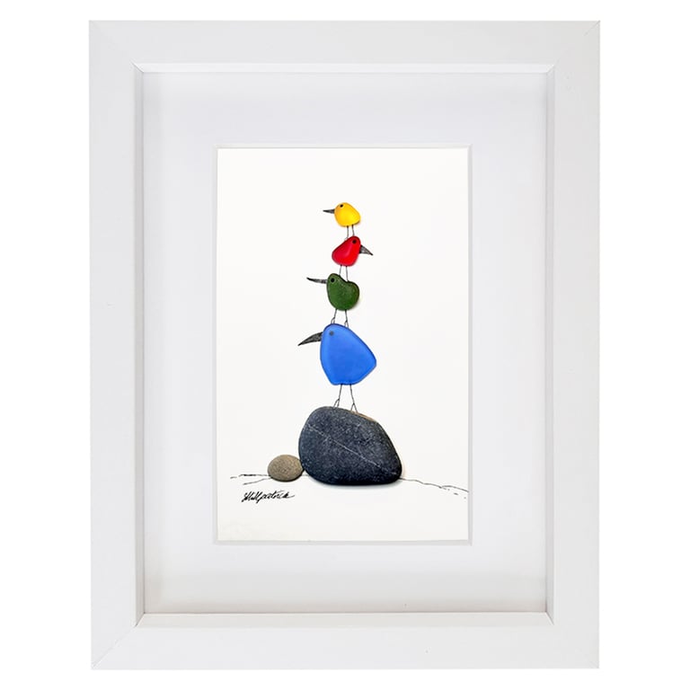 Bird Stack - Sea Glass Pebble Picture - Framed Handmade Art Wall Decor