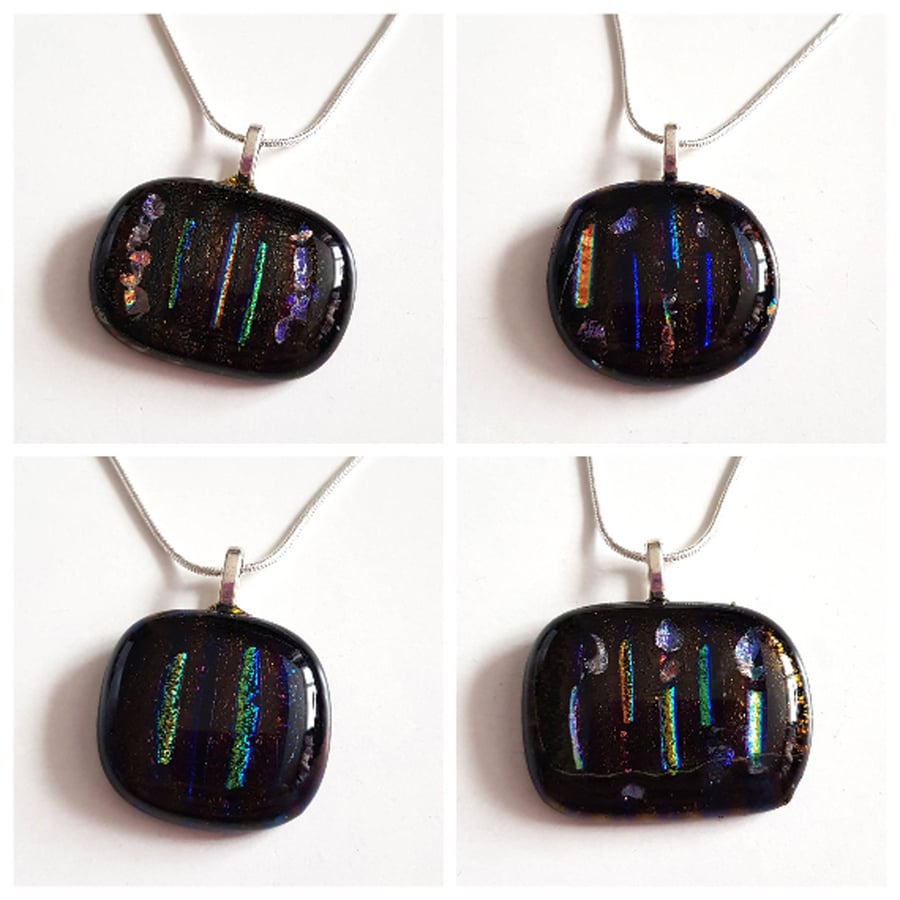 Image of Black Dichroic Fused Glass Pendant - Rainbow Iridescent Necklace