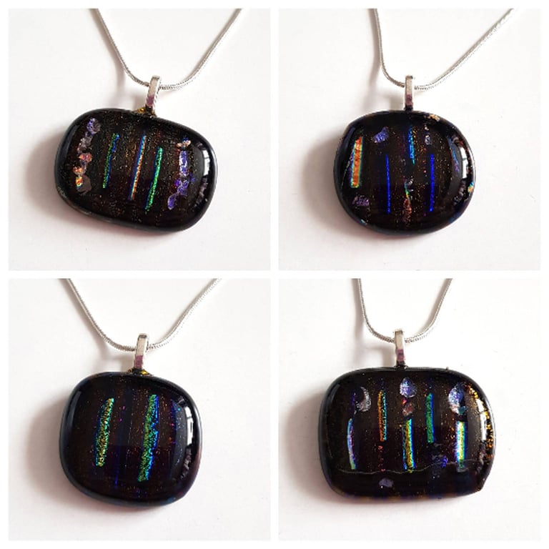 Black Dichroic Fused Glass Pendant - Rainbow Iridescent Necklace