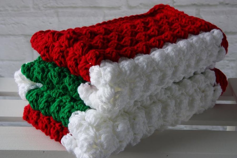Crochet Blanket in Green Red and White Ready to Ship