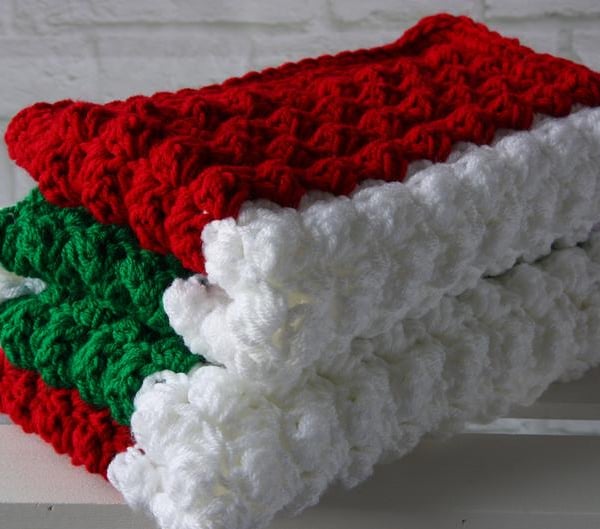 Crochet Blanket in Green Red and White Ready to Ship