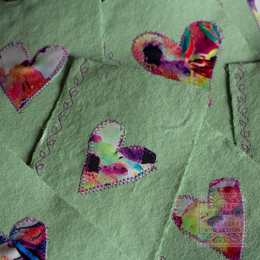 4 x Green Hand Made Paper Cards with Heart Applique