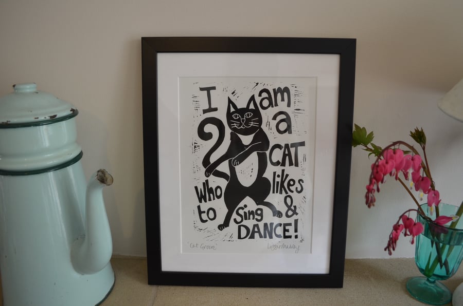 'Cat Groove' mounted lino print