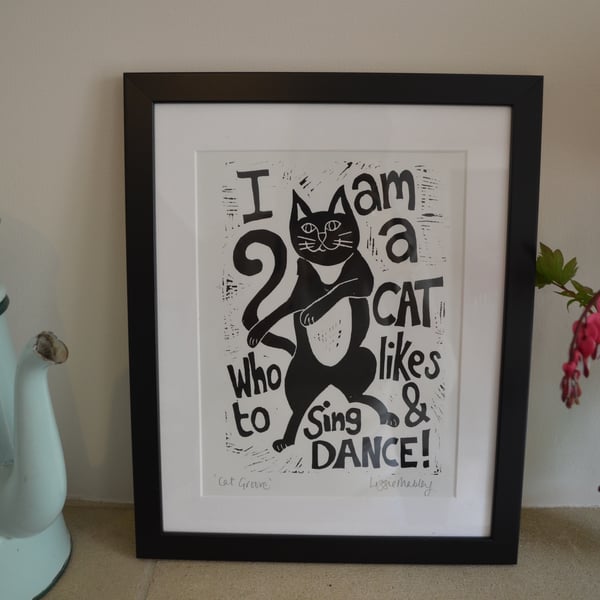 'Cat Groove' mounted lino print