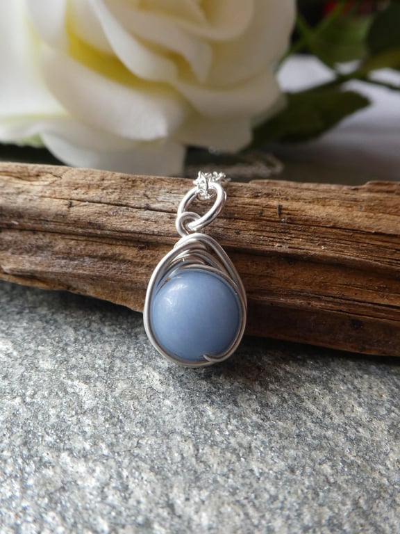 Sterling silver angelite pendant, silver and pastel blue angelite necklace 