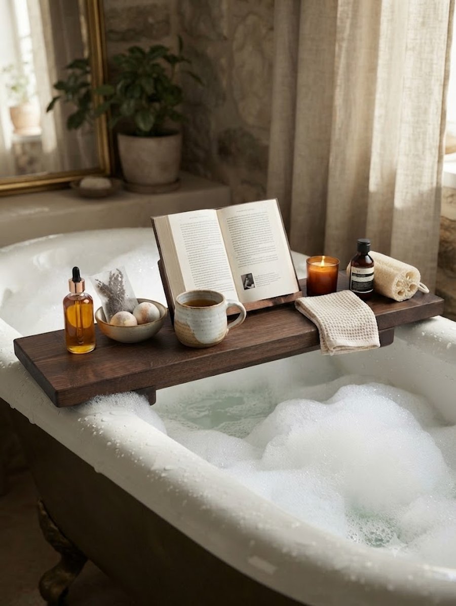 Rustic Handcrafted Solid Wood Bath Caddy - Shelf - Reclaimed - Recycled Timber
