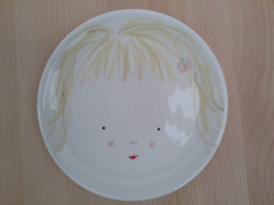 hand thrown ceramic plate with blonde girl face - hand made gift for child 
