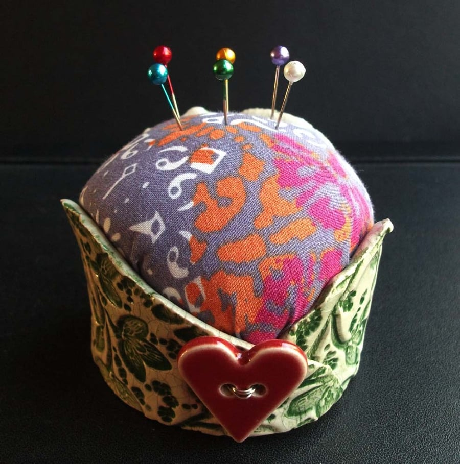 ceramic pincushion with flower button