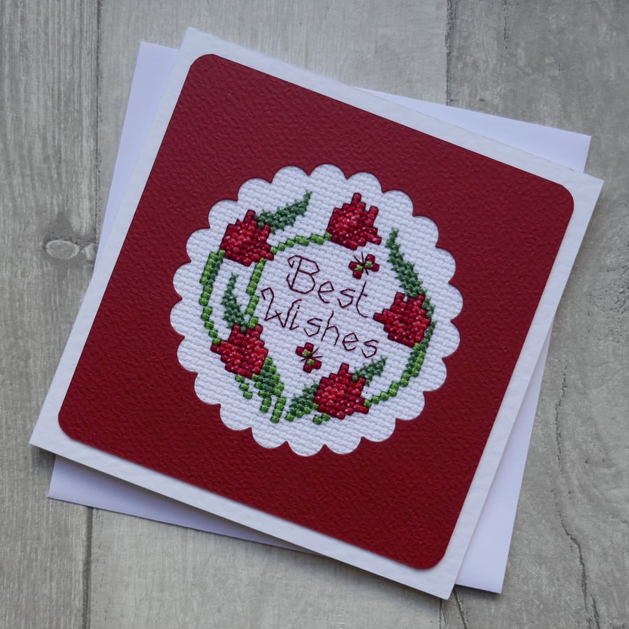 Cross Stitch Tulips & Butterflies - Best Wishes - Birthday Card