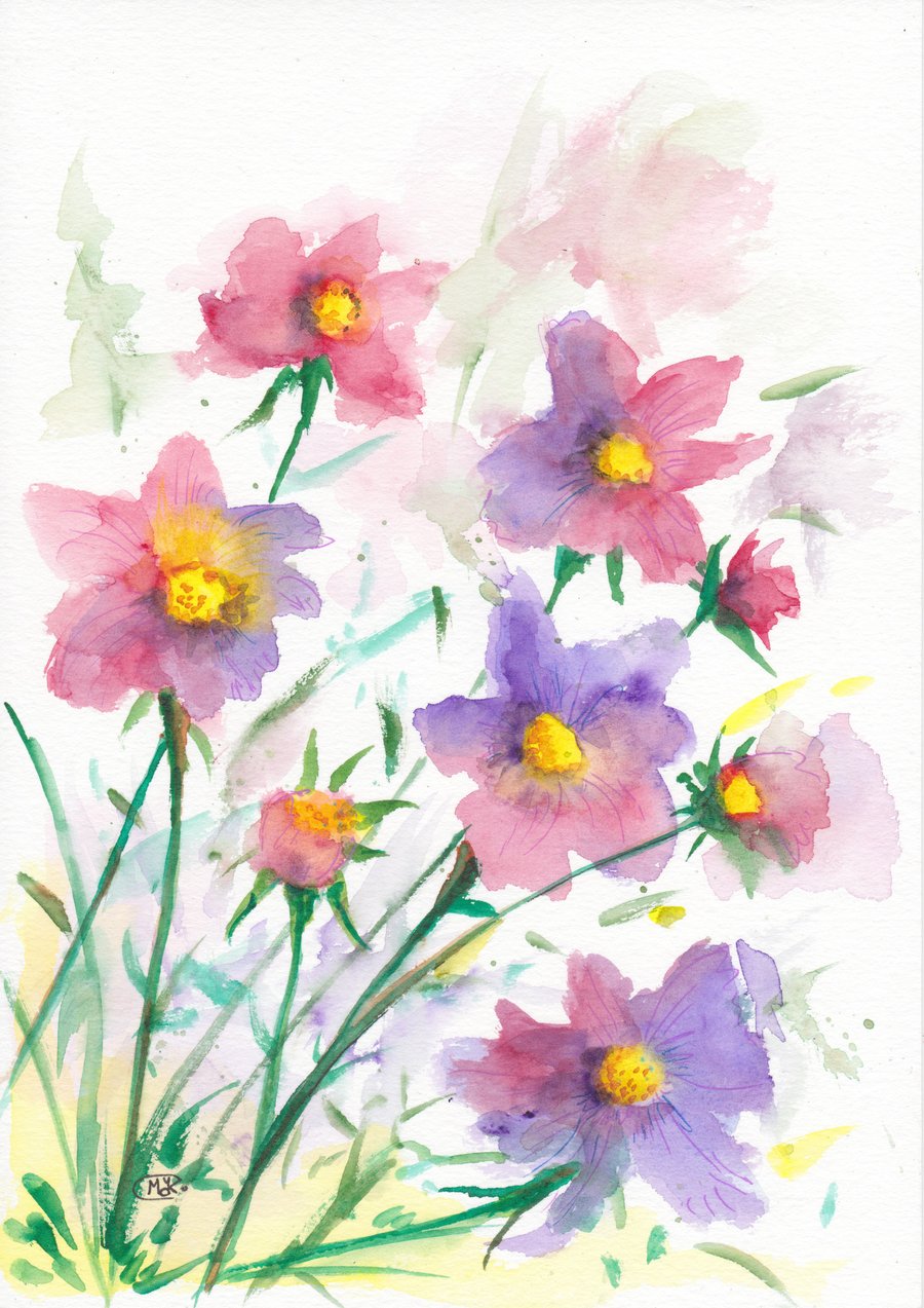 Pink and Purple wildflowers original painting 