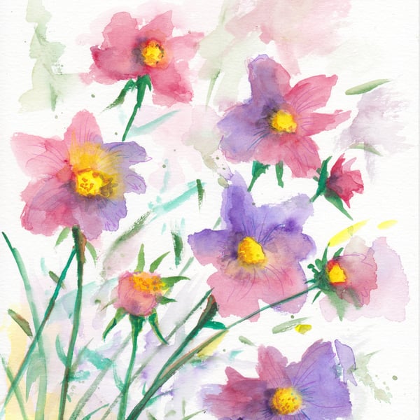 Pink and Purple wildflowers original painting 