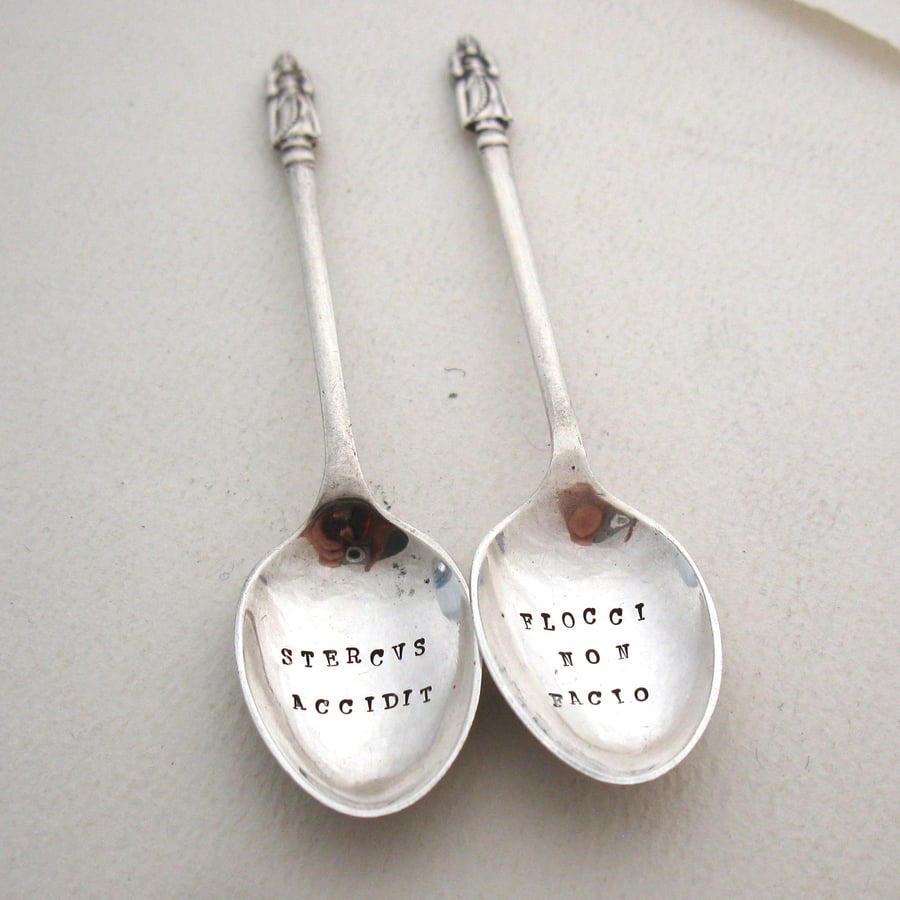 Pair of Apostle Coffeespoons, Handstamped Rude Latin Mottoes, Sh-t Happens 2