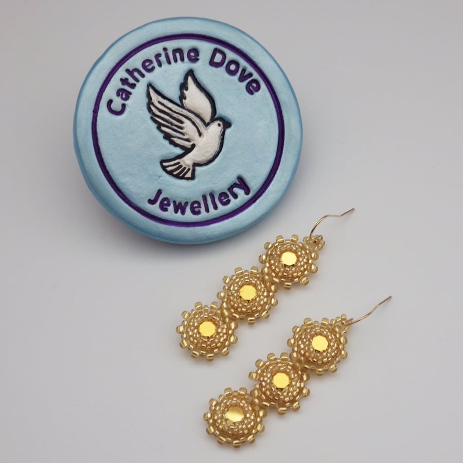 Gold coloured beadwoven Swarovski crystal earrings