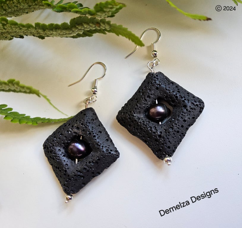 Lava Rock -Lava Stone & Peacock Freshwater Pearl Earrings.