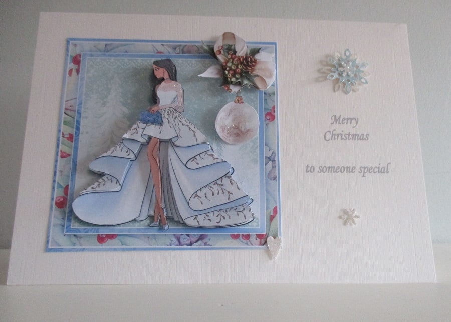 Handmade Elegant Girl Blue dress Christmas Card , 3D.Decoupage,Personalise