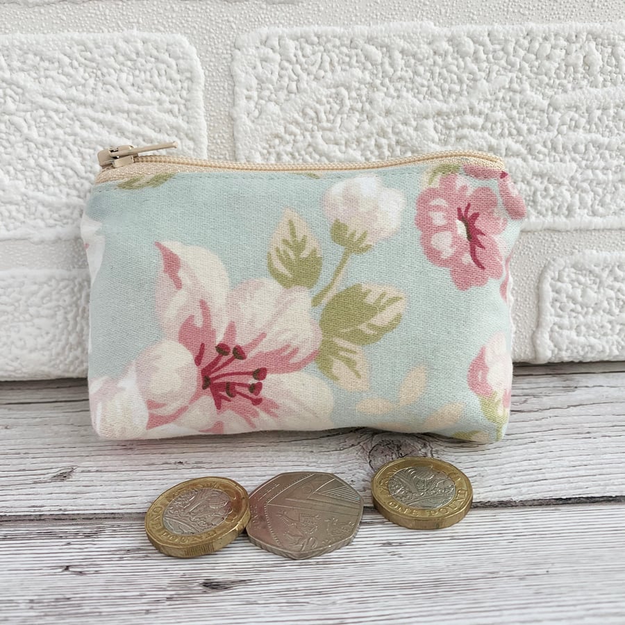 Small purse, coin purse with pink pastel floral pattern