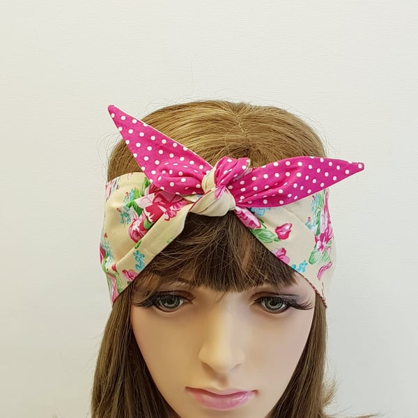 Polka dot and floral reversible hair band, rockabilly hair tie, cotton bandanna