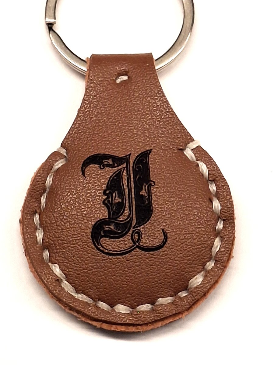 Brown Leather Hand Stiched Keyring.  Gothic Style letter I   FREE Postage