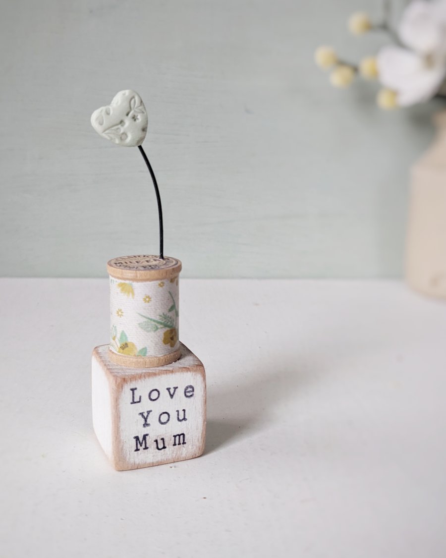 Clay Heart on a Teeny Vintage Bobbin 'Love You Mum'