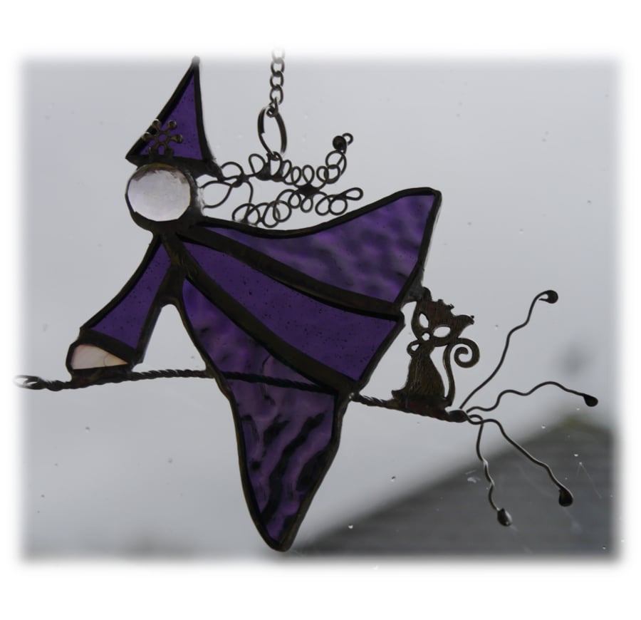  RESERVED Witch on Broomstick Suncatcher Stained Glass 038 Purple