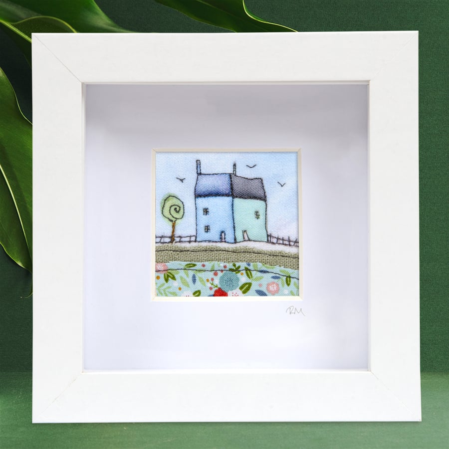 Little blue houses fabric picture, textile art, gift