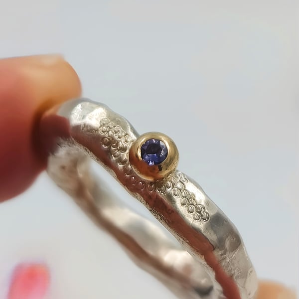 Hand Forged Sterling Silver Iolite Ring – 9ct Gold Detail - Size L