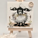 Original Watercolour Painting on a Miniature Canvas with Wooden Easel of a Sheep