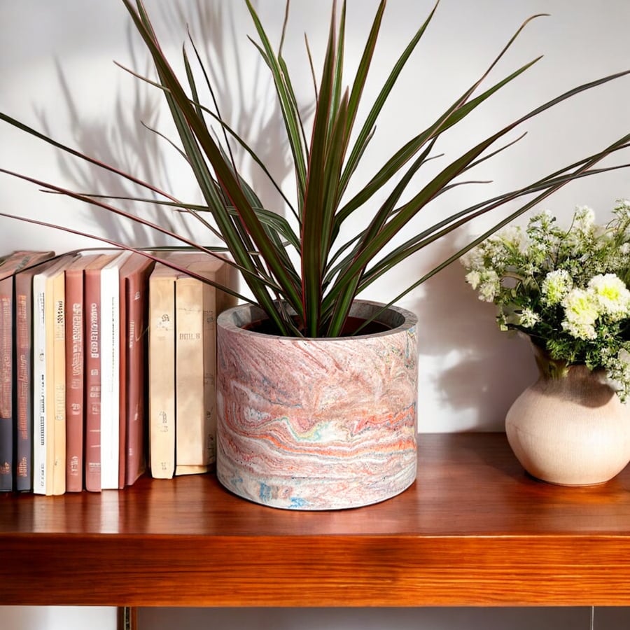 Storm Plant Pot - Marbled Orange Brown Blue and Yellow Pot Holder  lpp32