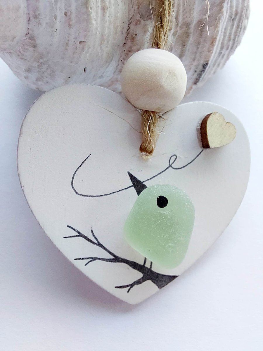 Sea Glass Birdf Hanging Heart - Beach Glass Bird - Wooden Decoration Gift Tag