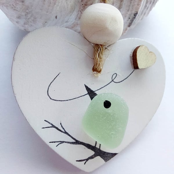 Sea Glass Birdf Hanging Heart - Beach Glass Bird - Wooden Decoration Gift Tag
