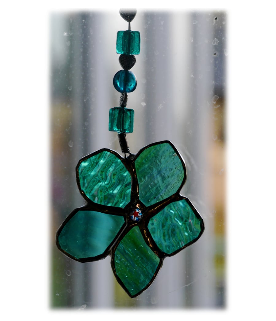 Flower Drop Suncatcher Stained Glass Aqua Beaded hearts 007