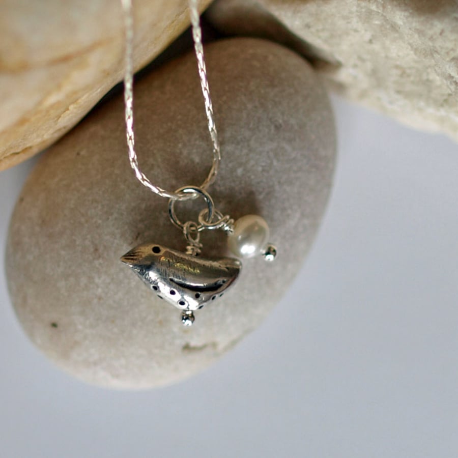 Bird and Pearl Pendant, Dainty Nature and Freshwater Pearl Necklace