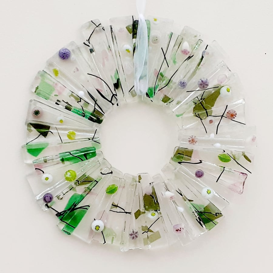 Fused glass wreath spring flowers sun catcher hanging decoration 