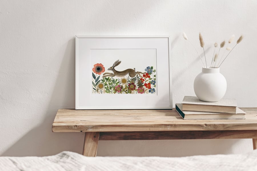 Hare wall art, Hares, Woodland animal print,A4 Art Print, Home Decor