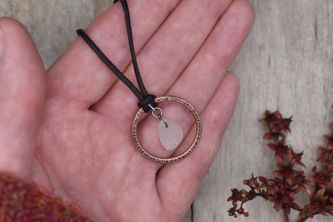 White Frosted Sea Glass and Copper Adjustable Waxed Cotton Cord Necklace