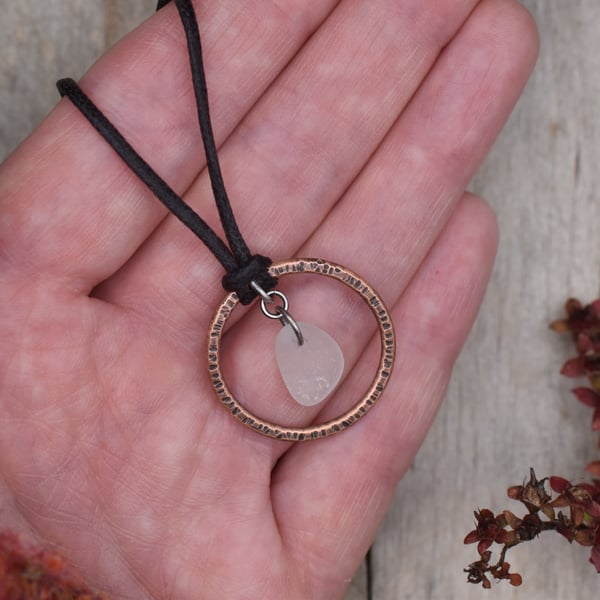 White Frosted Sea Glass and Copper Adjustable Waxed Cotton Cord Necklace
