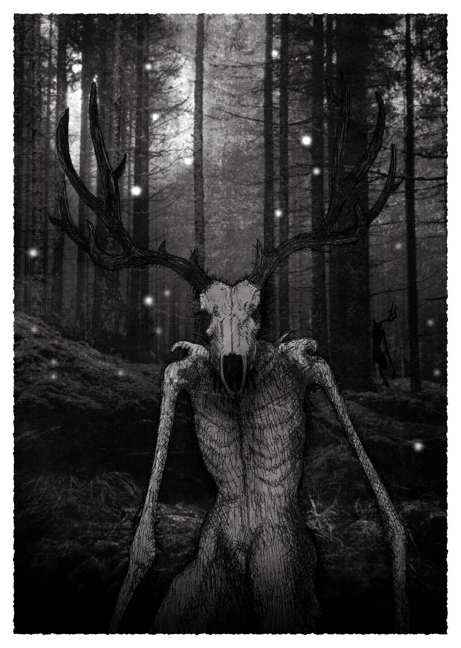 Wendigo Black and White Illustration, Dark Art, Horror, Mythology, A5 Art Print